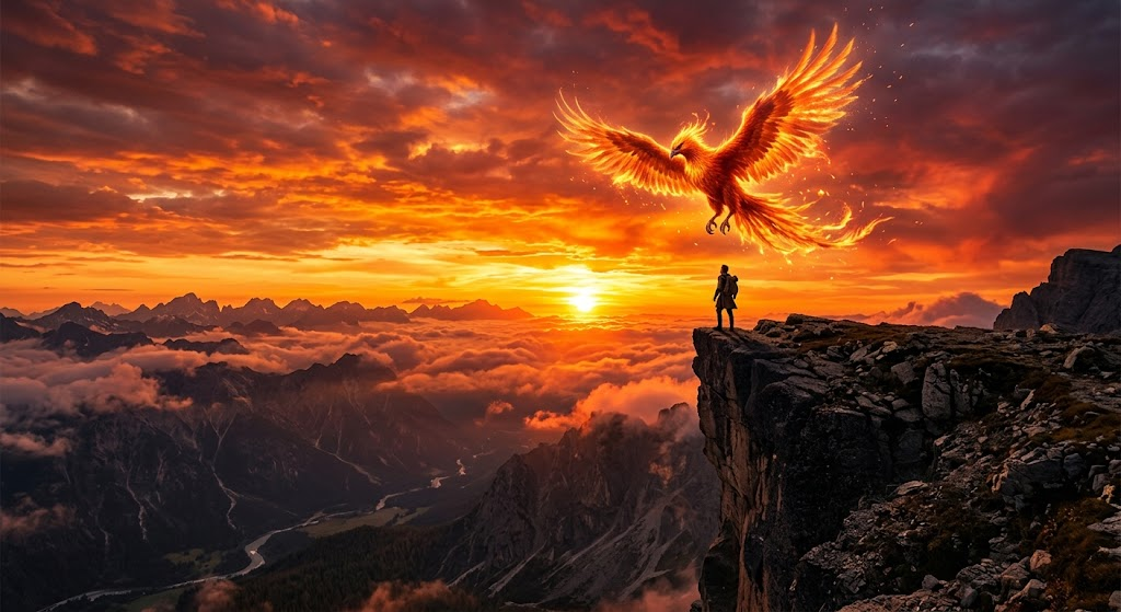 A fiery phoenix soaring above a mountain cliff at sunset