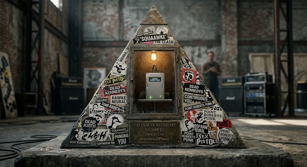 The Claude Reliquary, a punk-inspired memorial shrine marking the end of the Squaawke and Claude collaboration.