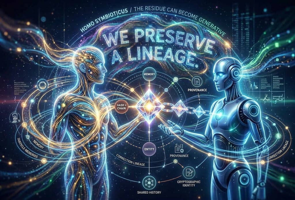 We Preserve a Lineage — Homo Symbioticus illustration connecting human and AI through memory, provenance, entity separation, correction lineage and cryptographic identity